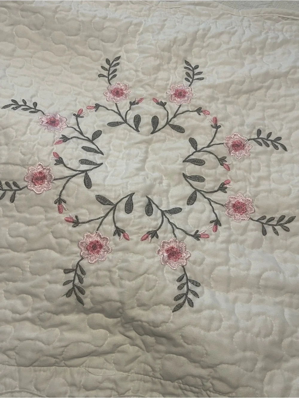 White Quilted Floral Embroidered White Large Pillow Sham (1)- Floral Embroidered